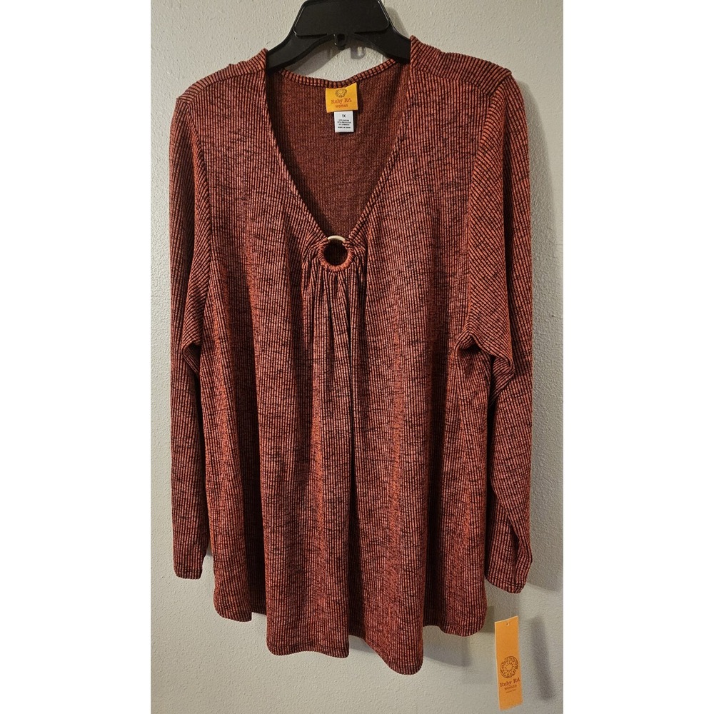Ruby Rd. Woman 1X Rib Knit O-Ring Cinnamon Stripe Top NWT L510